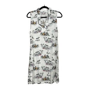 Crown & Ivy Women White Tropical Scenic Ruffle Neck Sleeveless Shift Dress L NEW
